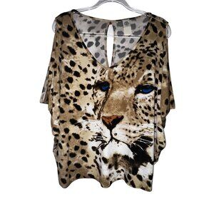 Wild Cheetah Print V-Neck Top With Dramatic Sleeves Medium Sexy 80's Club Sexy